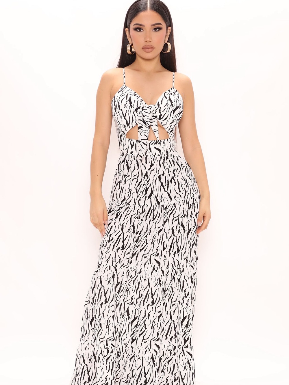 Fashion Nova Black & White Tie-Front Cutout Maxi Dress